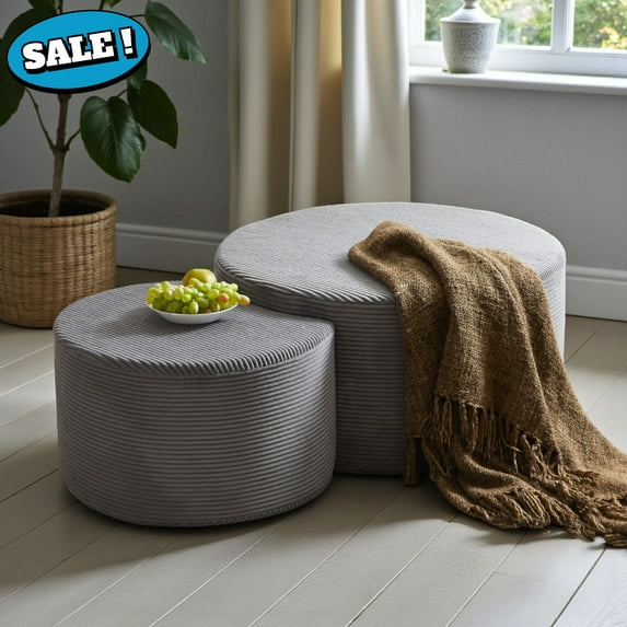 GZXS Multi-Functional Upholstered Round Coffee Tables Set - No Assembly, Gray Corduroy Fabric, Space-Saving Nesting Design for Modern Living Room (32" & 24")