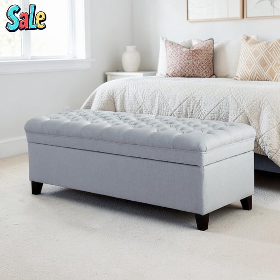 GZXS Multi-Purpose Storage Ottoman with Flip-Top Lid, Cozy Fabric Upholstered Bench with Wood Legs & Hidden Compartment, 50"L x 20.5"W x 18.25"H (Light Blue)
