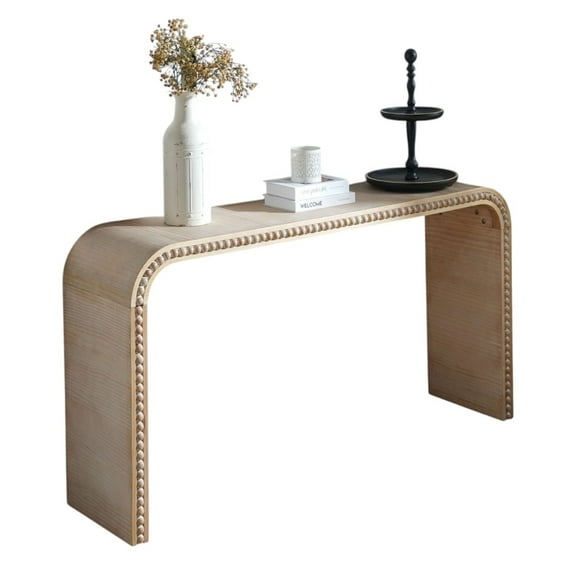 GZXS Natural Wood Console Table, 59" Curved Waterfall Design Entryway Table with Decorative Beaded Trim, Narrow Accent Table for Hallway, Foyer, Living Room, Home Office