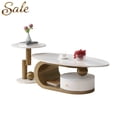 thumbnail image 1 of GZXS Nesting Coffee Table Set of 2, 47.24" Oval Center Tea Table and 19.69" Round Side Nightstand Set w/ White Faux Marble Top and Gold Metal Frame, Living Room Accent Furniture, 1 of 8
