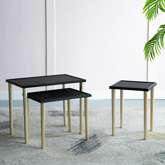 GZXS Nesting Table Set of 3, Rectangle Stacking Side End Table w/ Rattan Top & Gold Legs, Accent Small Coffee Tables for Small Spaces, Living Room (Black)