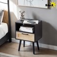 thumbnail image 1 of GZXS Nightstand with Charging Station, Boho Bedside Table with USB Ports & Power Outlets, Rattan Drawer & Open Shelf, Solid Wood Legs, Small Space End Table, Easy Assembly (Black), 1 of 9