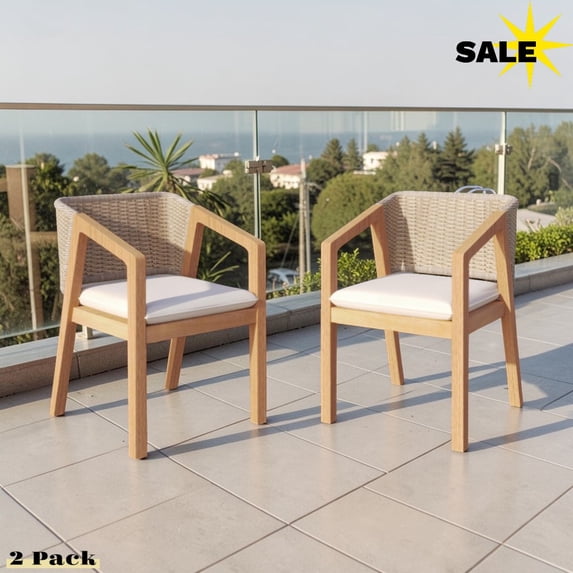 GZXS Outdoor Acacia Wood Dining Armchairs Set of 2, Farmhouse Accent Lounge Chairs w/ Rope-Woven Backrest, Water-Repellent Beige Cushion, Non-Slip Foot Pads (Light Teak)