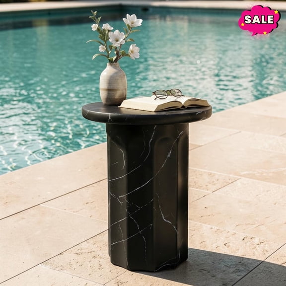 GZXS Outdoor Concrete Side Table, 16" Accent End Table for Small Space, Patio, Garden, Backyard, Black