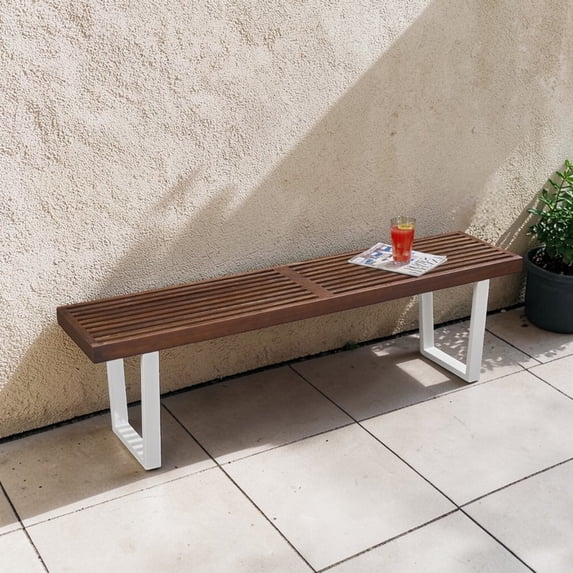 GZXS Outdoor Dining Bench with Acacia Wood Slatted Seat and Iron Legs, 3-Seater Patio Bench for Backyard, Porch, or Living Room, Easy to Assemble, 61.75"L x 14.5"W x 18.5"H, Brown and White