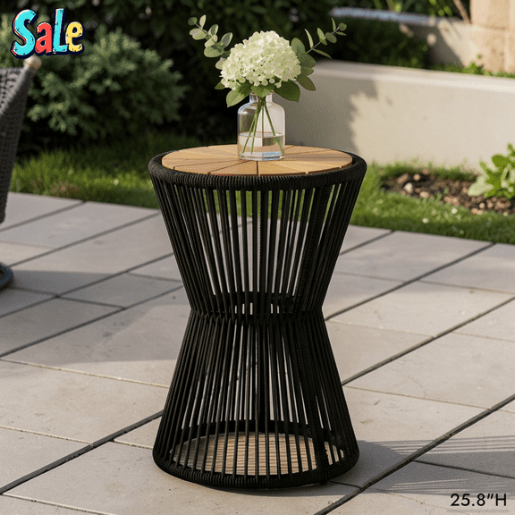 GZXS Outdoor End Table with Acacia Wood Top, Iron Frame & Black Woven Rope Design, 25.8"H Tall Accent Side Table in Hourglass Shape, Weather-Resistant for Patio, Balcony or Living Room, No Assembly