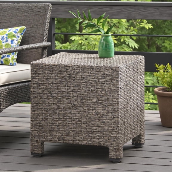 GZXS Outdoor PE Rattan Side Table, 18" Cube Accent End Table with Iron Frame, Weather Resistant Patio Table, No Assembly, Gray