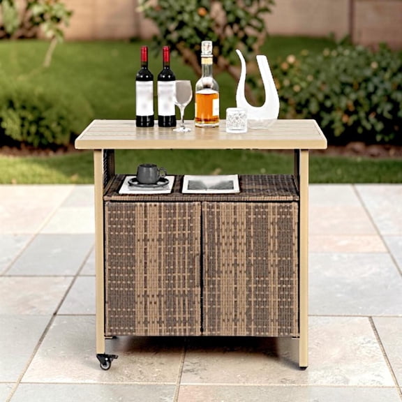 GZXS Outdoor Wicker Bar Cart, Multifunctional Patio Serving Cart with 2 Doors, Plastic Wood Top, and Lockable Wheels, 35.4" Rolling Kitchen Island for BBQ, Poolside & Entertaining (Black)