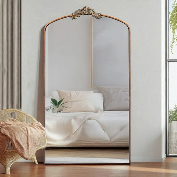 GZXS Oversized Arched Floor Mirror 66"x36", Full Body Mirror with Antique Bronze Metal Frame, Baroque Style Standing or Wall Mounted Mirror for Bedroom, Hallway