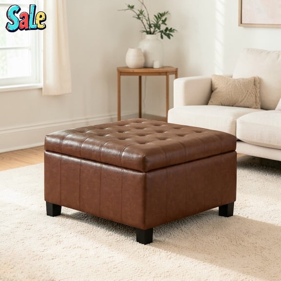 GZXS PU Leather Upholstered Storage Ottoman, 30.25" Flip-Top Square Ottoman Bench with Safety Hinge, Classic Button Tufted Design, Water-Resistant, 300 lbs Load Capacity, Light Brown