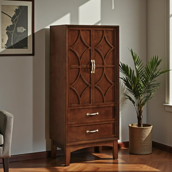 GZXS Pantry Cabinet with Storage, Vintage Accent Cabinet with 2 Geometric Doors and 2 Bottom Drawers, Adjustable Shelves, for Dining Area and Living Space, 23.7"L x 15.7"W x 53.5"H, Walnut