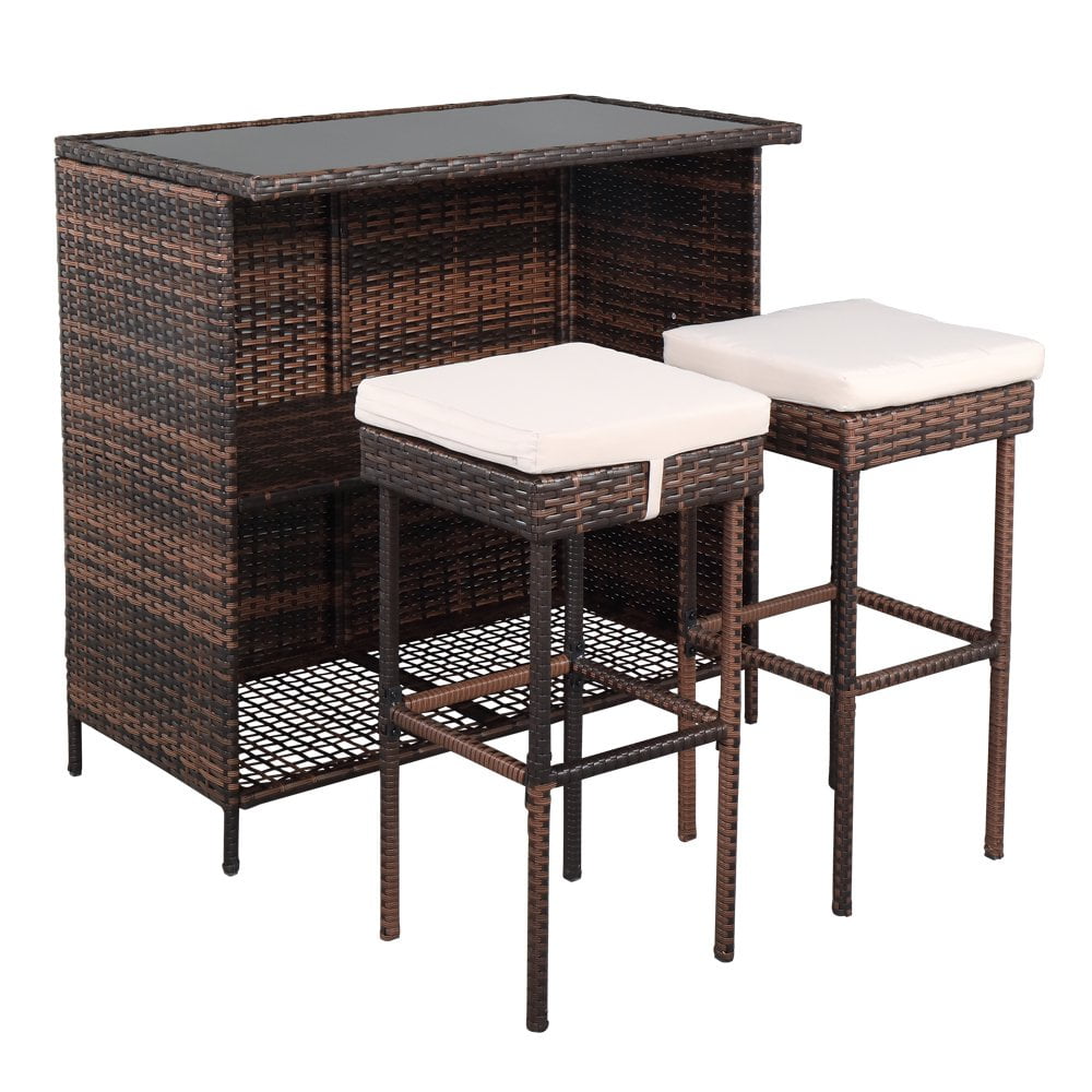 Off-white Cushioned Wicker Barstool Bistro Set with Glass Top Table