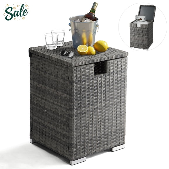 GZXS Patio Garden Square Rattan End Table with Hidden Gas Bottle Storage, Flip-Top Design, 16-Gallon Capacity, Gray Gradient