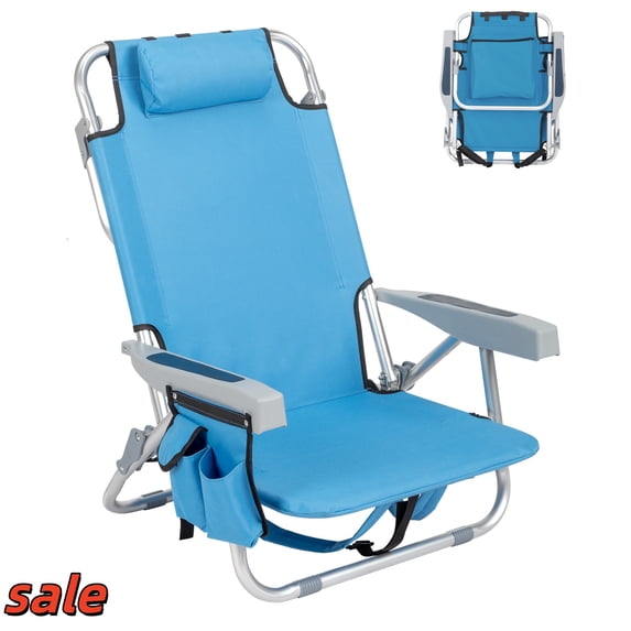 GZXS Portable Beach Chair with 5 Position Adjustable Backrest, Folding Chair with Headrest and Towel Bar, Camping Chair with Cooler Pouch & Side Pocket, Blue