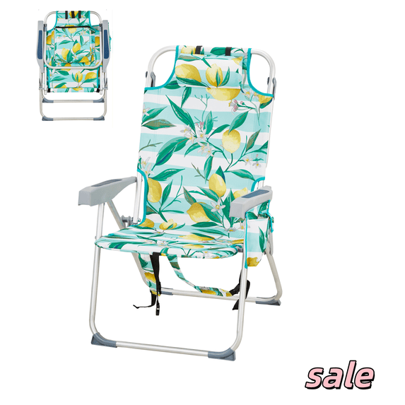 GZXS Portable Beach Chair, Outdoor Camping Chair, Lay Flat Folding Backpack Chair with 5 Positions Adjustable Back, Headrest Cooler Bag and Side Pocket, Lemon