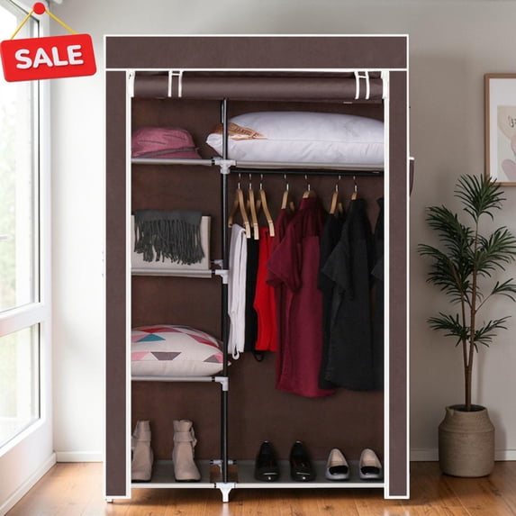 GZXS Portable Closet Wardrobe, 64" Clothing Organizer Storage Rack with Hanging Rod, Side Pockets and Non-Woven Fabric Cover, Easy Assembly, Dark Brown