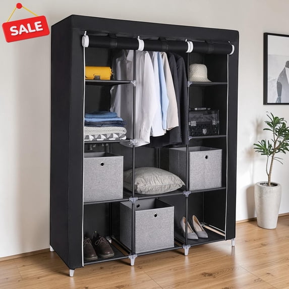 GZXS Portable Closet Wardrobe with Non-Woven Fabric Cover, Clothes Storage Organizer with Hanging Rod and Side Pocket, Easy Assembly, Black