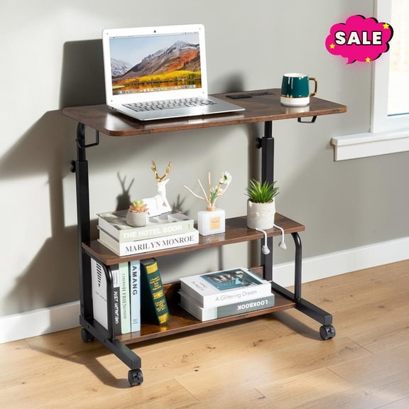 GZXS Portable Rolling Desk with Charging Station and Wheels, 26.4"-41.5" Height Adjustable Desk, 31.5" Computer Desk with Hooks and Shelves for Home Office, Vintage Brown