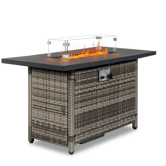 GZXS Propane Fire Pit Table, 43 in CSA Propane Fire Table Rectangular, 50,000 BTU Quick Ignition Gas Fire Pit for Outside Patio Deck, Oxford Cover, Gray Wicker