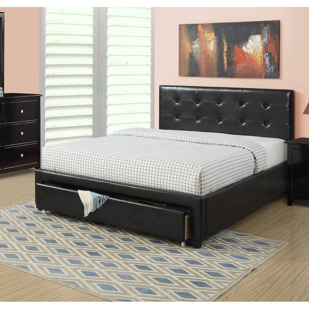 GZXS Queen Size Black Upholstered Platform Bed with Tufed Headboard, Storage Bed with Drawer for ...