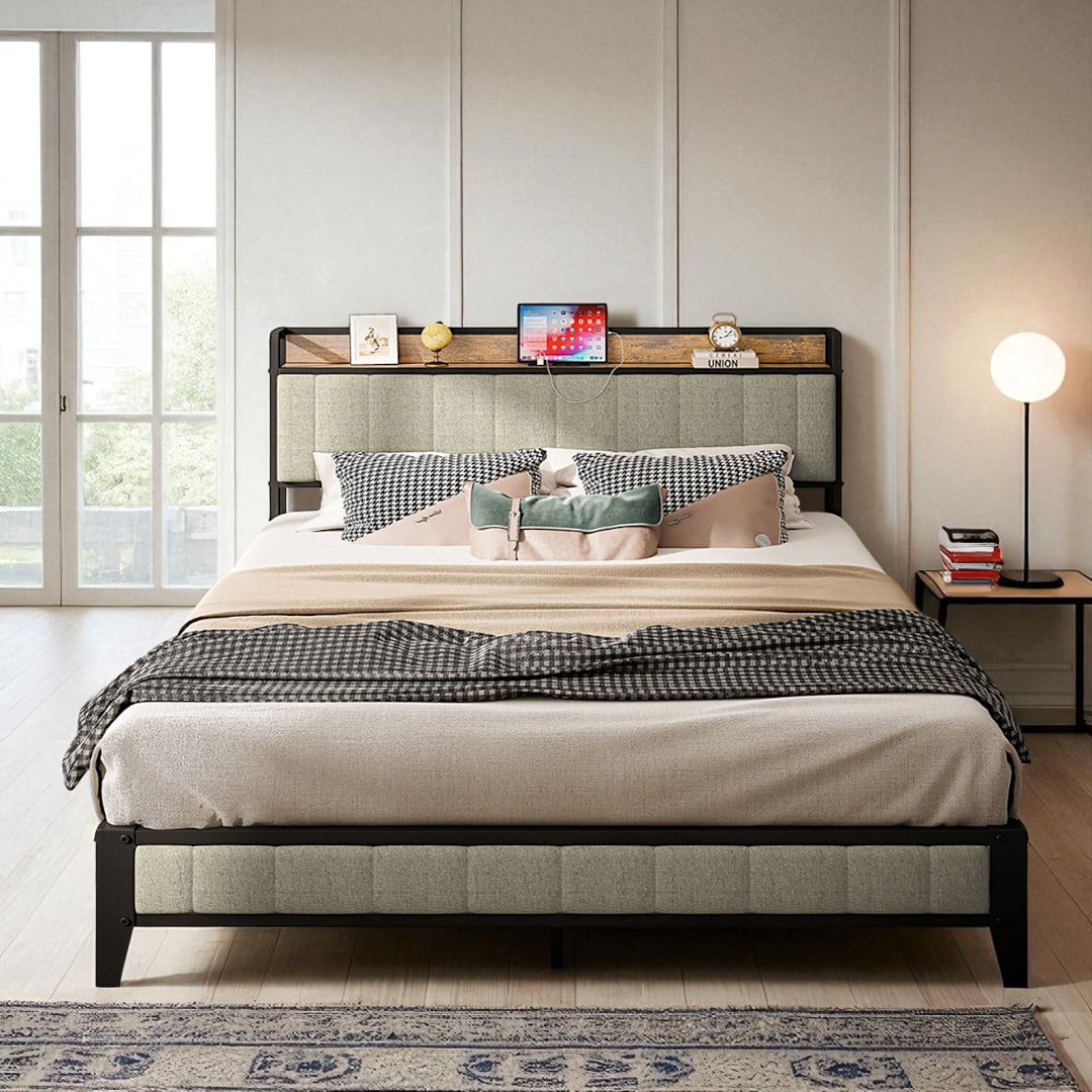 GZXS Queen Size Metal Platform Bed Frame with Charging Station, Upholstered Headboard, Under-Bed Storage Space, No Box Spring Required, Light Gray