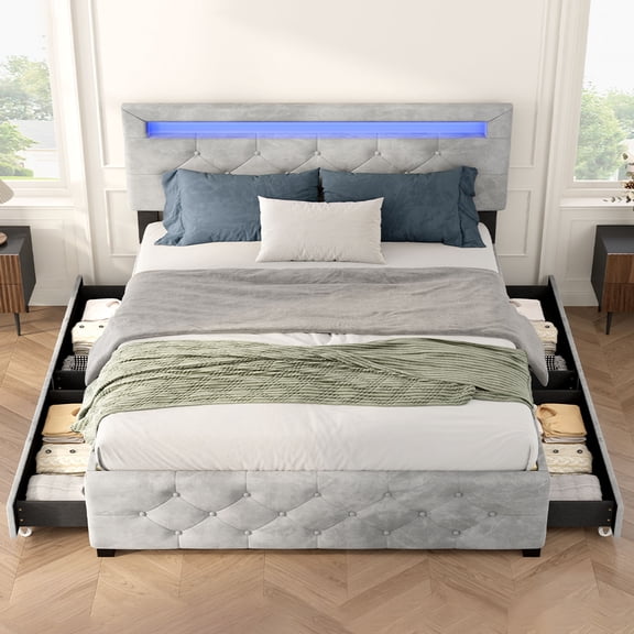 GZXS Queen Size Storage Bed with Adjustable LED Lighting, Modern Tufted Upholstered Velvet Platform Bed w/ 4 Drawers, Solid Wood Slats Support, Gray