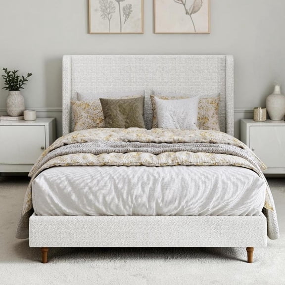 GZXS Queen Size Upholstered Platform Bed Frame with Wingback Headboard, Ivory Chenille Bed with Tall Headboard and Retro Wood Legs, No Box Spring Needed