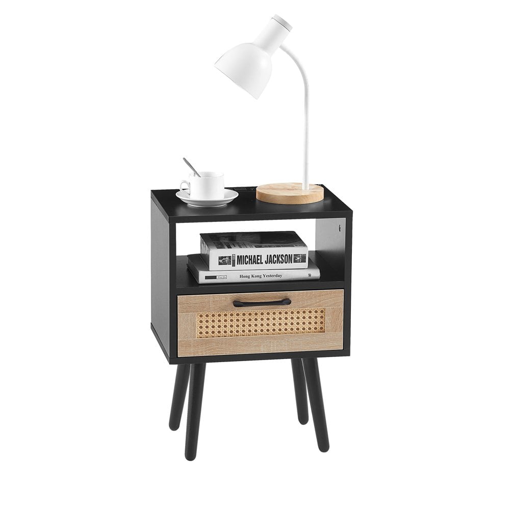 Black Wood and Rattan Nightstand with Storage Drawer and Charging Station