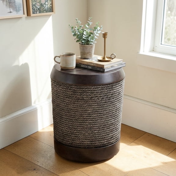 GZXS Retro Cylindrical End Table in Dark Brown, MGO Composite Accent Side Table with Gray Simulated Braided Cord Texture, No Assembly, for Living Room/Patio/Balcony (15.75"Dia x 18.11"H)
