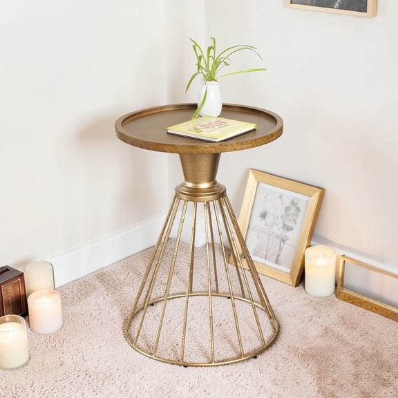 GZXS Retro End Table, 18" Round Accent Spindle End Table with Solid Pine Tray Top, Iron Wireframe Base, No Assembly, for Living Room/Bedroom/Balcony, Antique Gold+Natural