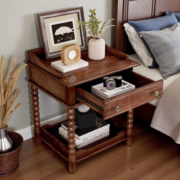 GZXS Retro Nightstand with Drawer and Open Shelf, Vintage Bedside Table with Turned Wood Legs and Raised Edge Top, 2-Tier End Table for Bedroom, Walnut