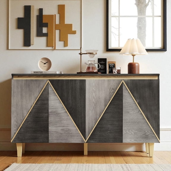 GZXS Retro Wooden Buffet Cabinet, Distressed Finish Storage Sideboard w/ 4 Dimensional Panel Doors & Soft-Close Hinges, Solid Pine Legs & Adjustable Leveling Feet, 59.8"L x 15.7"W x 32.7"H (Gray)