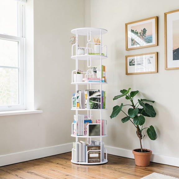 GZXS Revolving Bookshelf, 360 Degree Rotating Storage Rack, 62.2"H 5-Tier Tall Round Bookcase Tower with MDF Shelves & Metal Frame for Living Room, Study, Office, White