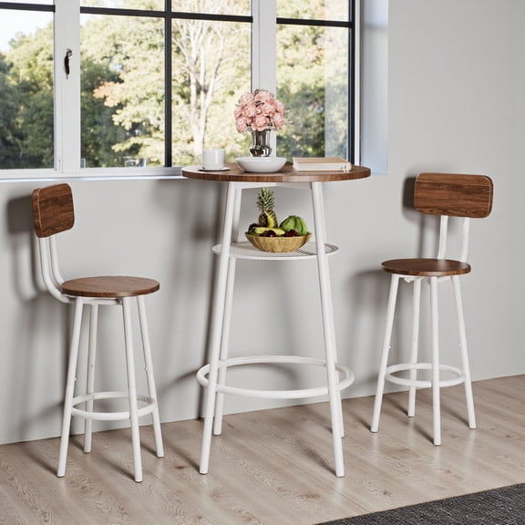 GZXS Round Bar Height Table and Chairs Set, 3 Pieces Dining Set for Small Space, 2-Tier Pub Table and Bar Stools with Back, Brown+White