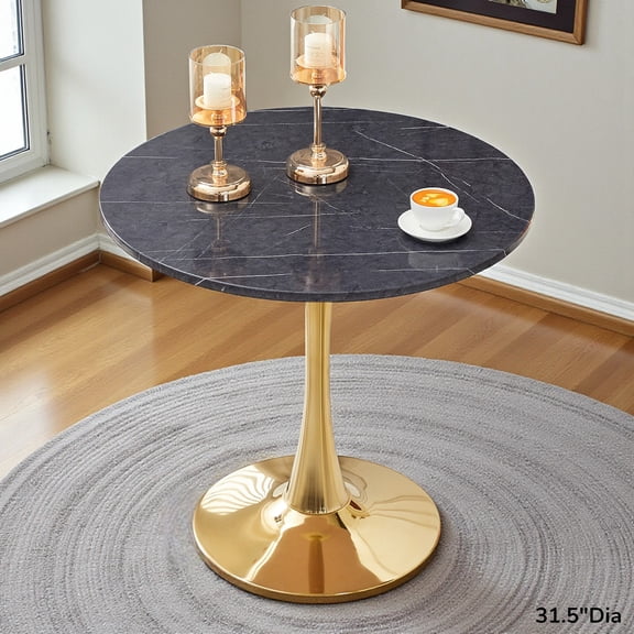 GZXS Round Dining Table, 31.5" Mid-Century Modern Pedestal Table with MDF Top and Sturdy Metal Base, Space-Saving Tulip Table for Kitchen, Dining Room, Small Apartment (Gray+Gold)