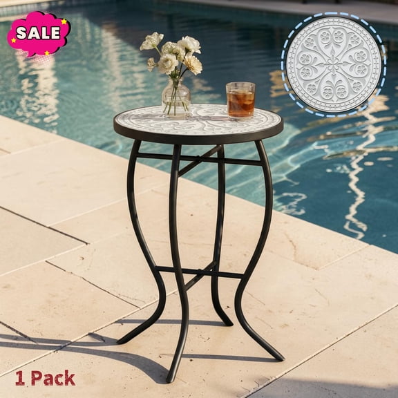 GZXS Round End Table with Ceramic Tile Top, 13.7" Outdoor Side Table with Metal Legs, Decorative Accent Table for Yard, Garden, Balcony, Backyard, Easy Assembly, Grey+Black