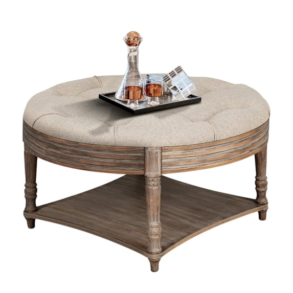 GZXS Round Tufted Ottoman Coffee Table with Hidden Storage, 31.5" Upholstered Linen Footstool with Wood Legs, 2-Tier Center Table for Living Room (Gray+Khaki)