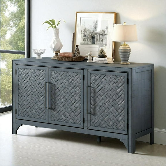 GZXS Rustic 3-Door Accent Sideboard in Navy Blue, 60-Inch Buffet Cabinet with Adjustable Shelves, Iron Linear Handles, and Pine Legs, for Living Room, Entryway, Foyer