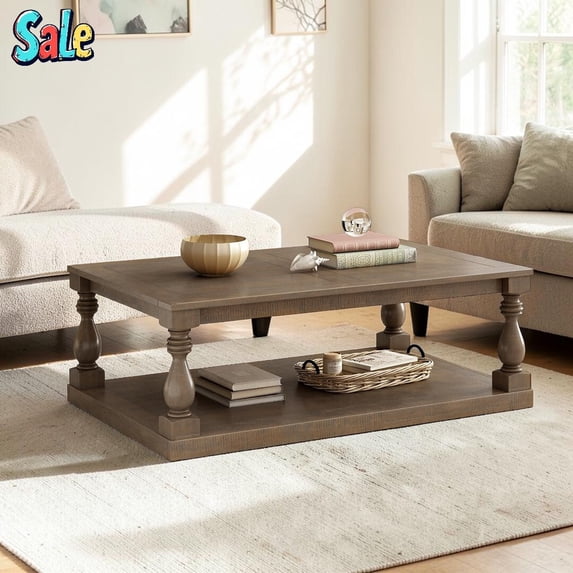 GZXS Rustic Coffee Table in Brown, 2-Tier Rectangle Accent Center Table for Living Room, Home Office, 43.5"L x 27.9"W x 18.1"H