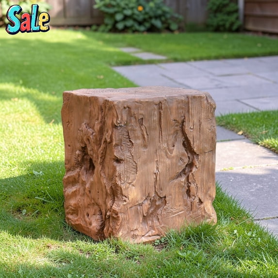 GZXS Rustic End Table, 15" Square Accent Side Table in Wood-Look Texture, Tree Stump Design, Weather-Resistant, for Patio, Balcony, Living Room, Brown