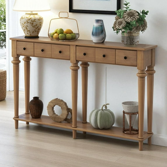GZXS Rustic Farmhouse Entryway Table in Old Pine Color, 59.8" Vintage Console Table with 4 Storage Drawers & Lower Shelf, Wooden Sofa Table for Hallways and Living Rooms