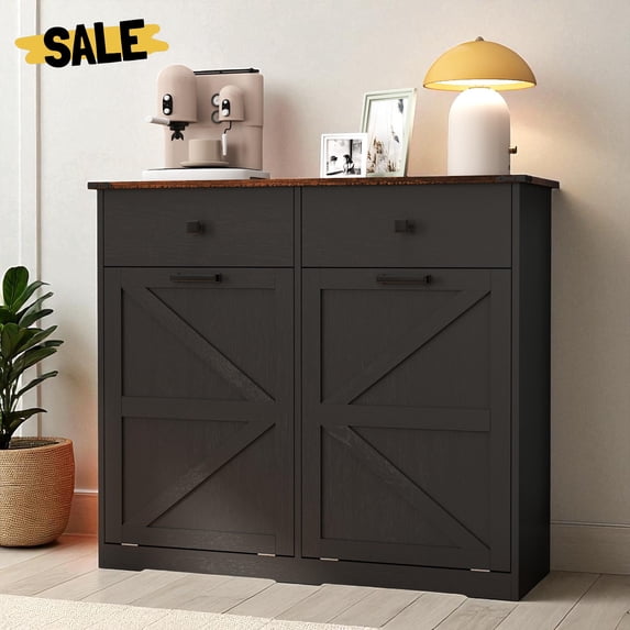 GZXS Rustic Farmhouse Trash Cabinet with Double Tilt-Out Compartments, Multi-Purpose Recycling & Laundry Sorter Organizer Cabinet with 2 Drawers, Fits 20 Gallon Trash Cans (Not Included), Black