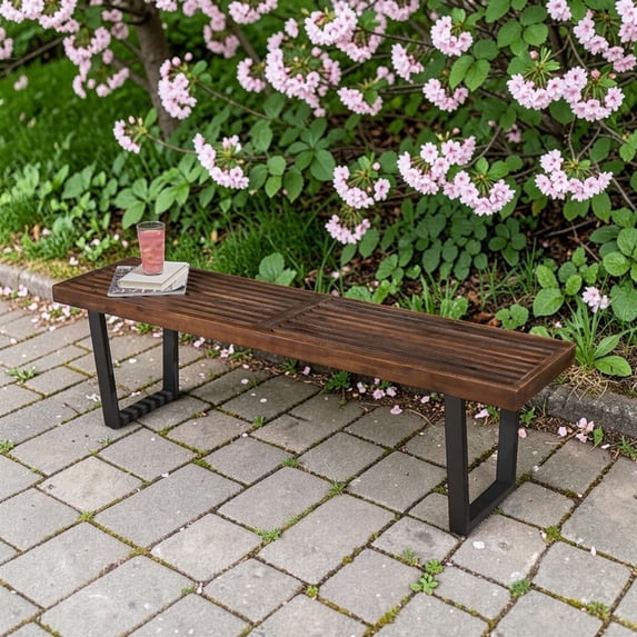 GZXS Rustic Industrial Outdoor Bench, 61.75" Acacia Wood Patio Dining Bench with Iron Base, Slatted 3-Seater Garden Bench for Backyard, Deck or Indoor Use, Dark Brown and Black