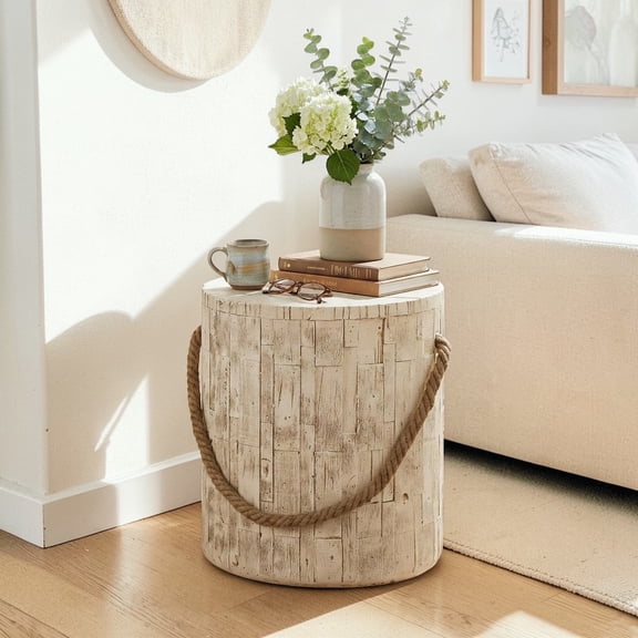 GZXS Rustic MGO Cylindrical Side Table in Realistic Wood Texture, 14.57" Coastal-Cottage End Table with Simulated Braided Cord, for Living Lounge/Balcony Oasis/Garden Accent, No Assembly