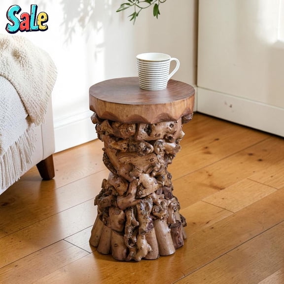 GZXS Rustic Round Side Table, Brown Wooden Hourglass End Table with Organic Tree Root Base Design, Vintage Accent Table for Living Room, Bedroom or Patio, 11.8" Dia x 18.9"H
