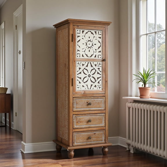 GZXS Rustic Solid Wood Tall Cabinet with 3 Drawers & 2-Tier Storage Shelves, 53.7"H Farmhouse Accent Cabinet with Decorative Floral-Carved Door, Space-Saving Home Organizer for Small Spaces (Natural)