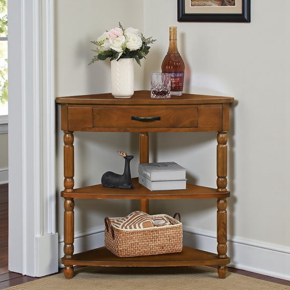 GZXS Rustic Triangle Corner Table with Drawer and Shelves, Small Space Solid Wood Accent End Table for Living Room, Bedroom, Bathroom (Brown)