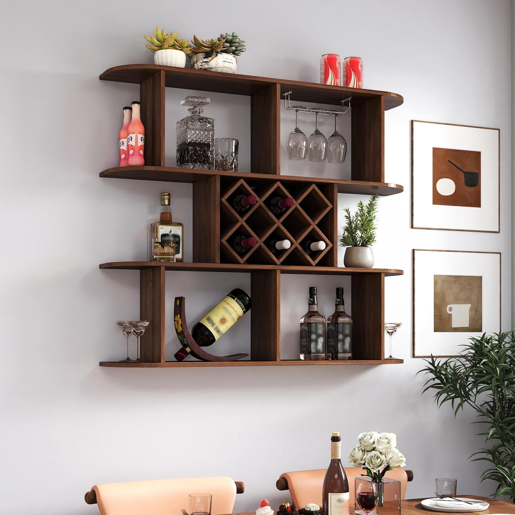 GZXS Rustic Wall Mounted Wine Rack with Glass Holder, 4-Tier Wooden ...