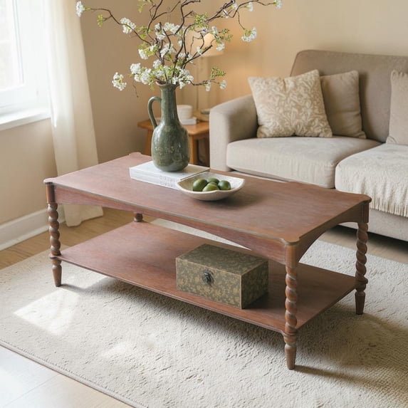 GZXS Rustic Wood Coffee Table, 2-Tier Rectangle Center Storage Table with Lower Shelf & Turned Legs, for Living Space, Lounge Area, Home Office, 47.1"L x 22"W x 18.3"H, Brown