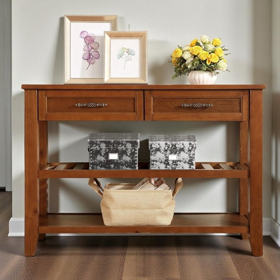 GZXS Rustic Wood Console Table with 2 Drawers and 2 Shelves, 42-Inch Storage Sofa Table for Entryway, Kitchen, Living Room – Brown